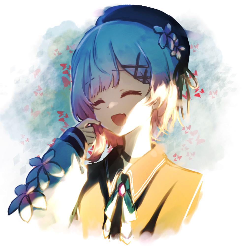 1girl, :d, ^_^, beret, black_hat, closed_eyes, commentary_request, facing_viewer, fang, finger_to_cheek, flower, gradient_hair, hair_flower, hair_ornament, hand_up, hat, magical_girl, mahou_shoujo_no_majo_saiban, manaringo23, multicolored_hair, neck_ribbon, open_mouth, pink_hair, ribbon, sakuraba_ema, short_hair, skin_fang, sleeves_past_wrists, smile, solo, upper_body, white_flower, white_hair, white_ribbon, x_hair_ornament