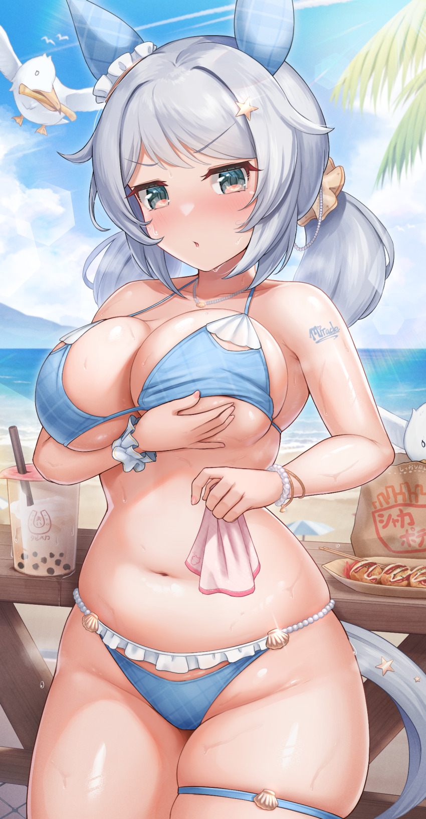 1girl, absurdres, alternate_costume, animal_ears, bikini, bird, black_eyes, blue_bikini