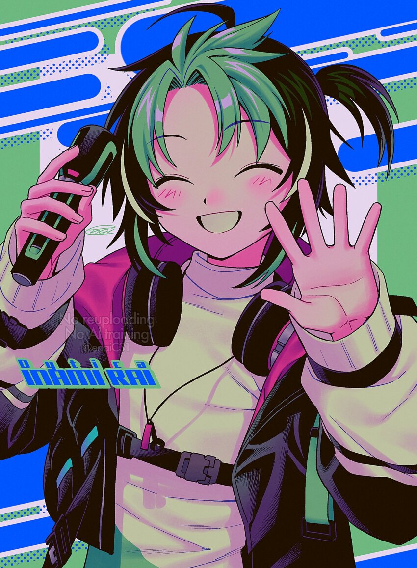 1boy, :d, ^_^, ahoge, black_hair, black_jacket, border, character_name