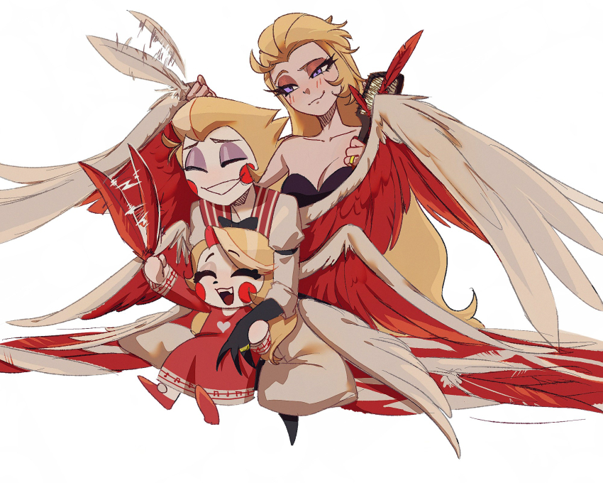 1boy, 2girls, :d, ^_^, aged_down, ankle_boots, bare_shoulders, black_boots