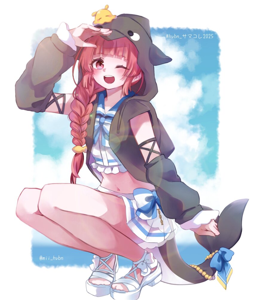 1girl, absurdres, blue_sky, braid, cloud, hand_up, heaven_burns_red, highres