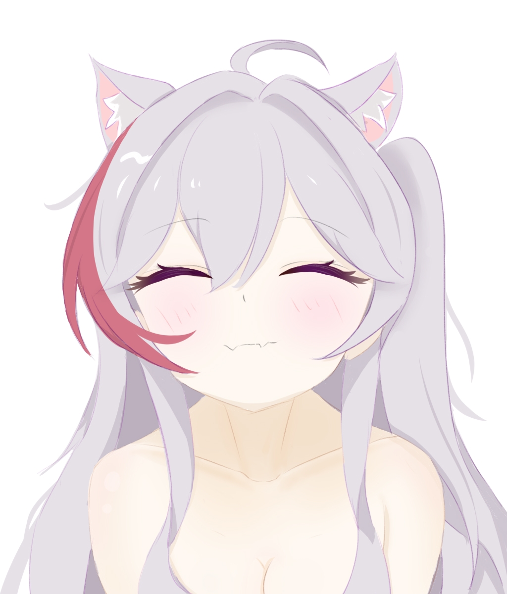 1girl, ahoge, animal_ear_fluff, animal_ears, bare_shoulders, blush, breasts, cat_ears