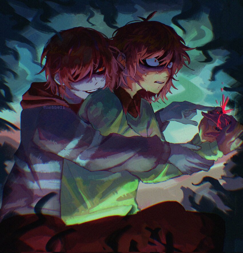 1girl, 2others, artist_name, black_shirt, brown_hair, collared_shirt, colored_skin, commentary