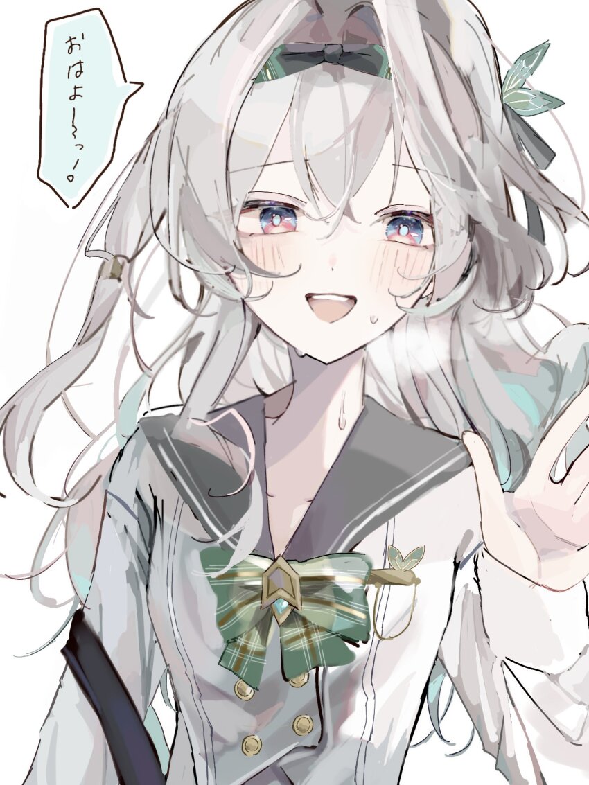 1girl, black_hairband, blush, bow, bowtie, buttons, collared_shirt, double-breasted, firefly_(honkai:_star_rail), firefly_(spring_missive)_(honkai:_star_rail), gradient_hair, green_bow, green_bowtie, green_pupils, grey_hair, grey_ribbon, grey_sailor_collar, hair_between_eyes, hair_intakes, hair_ornament, hair_ribbon, hairband, highres, honkai:_star_rail, honkai_(series), long_hair, long_sleeves, multicolored_eyes, multicolored_hair, open_mouth, plaid_bow, plaid_bowtie, plaid_clothes, popopoyu0, ribbon, sailor_collar, shirt, smile, solo, speech_bubble, teeth, upper_teeth_only, white_shirt, white_sleeves