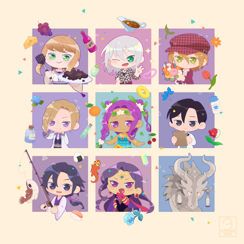 4boys, 4girls, absurdres, animal_print, bad_food, black_hair, blue_flower, blue_rose, bokujou_monogatari, bouquet, brown_hair, caldarus, character_request, cheese, clipboard, commentary, commentary_request, crystal, curry, dragon, english_commentary, eyelashes, fields_of_mistria, fishing_rod, flower, food, ford_(bokujou_monogatari), fruit, grapes, green_eyes, grey_eyes, hair_between_eyes, hat, highres, holding, holding_bouquet, holding_clipboard, holding_spatula, iori_(bokujou_monogatari), juniper_(fields_of_mistria), kamil_(bokujou_monogatari), kinokorin, leopard_print, lizard, mixed-language_commentary, multiple_boys, multiple_girls, necktie, ojou-sama_pose, onigiri, orange_flower, pineapple, pineapple_slice, ponytail, print_shirt, purple_eyes, purple_hair, red_flower, red_hat, rose, shirt, short_hair, siluka_(bokujou_monogatari), spatula, tulip, twintails, vial, white_necktie, wide_sleeves