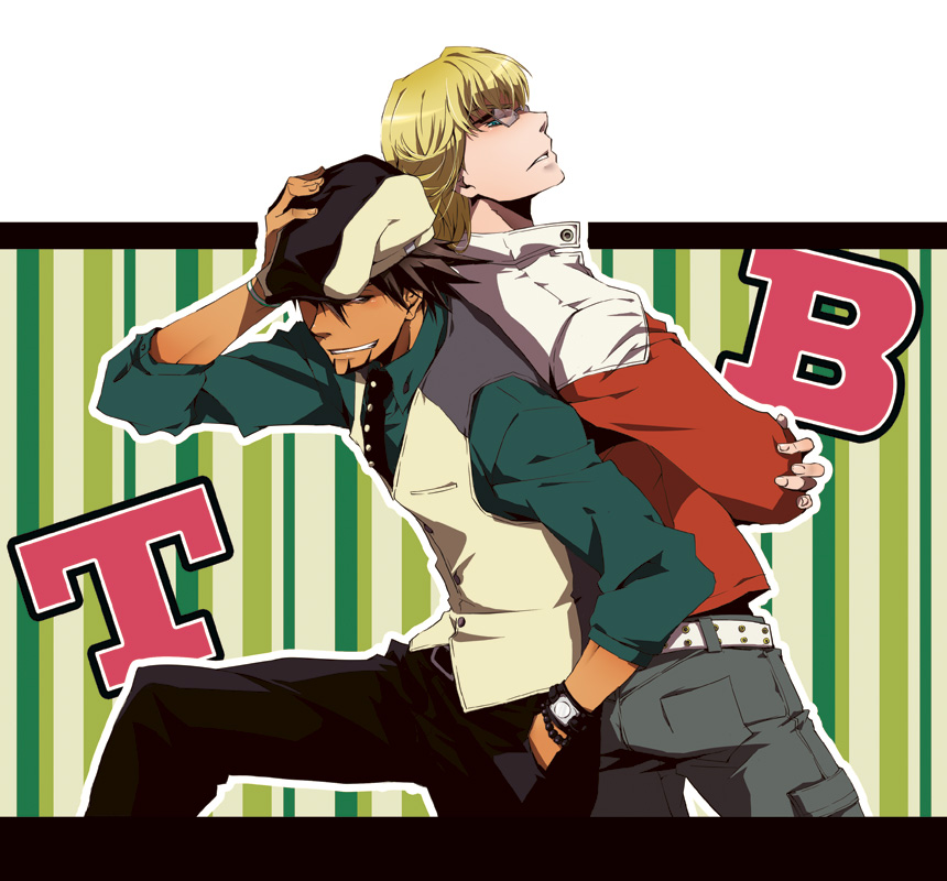 10s, 2boys, adjusting_clothes, adjusting_headwear, barnaby_brooks_jr., belt, blonde_hair, bracelet