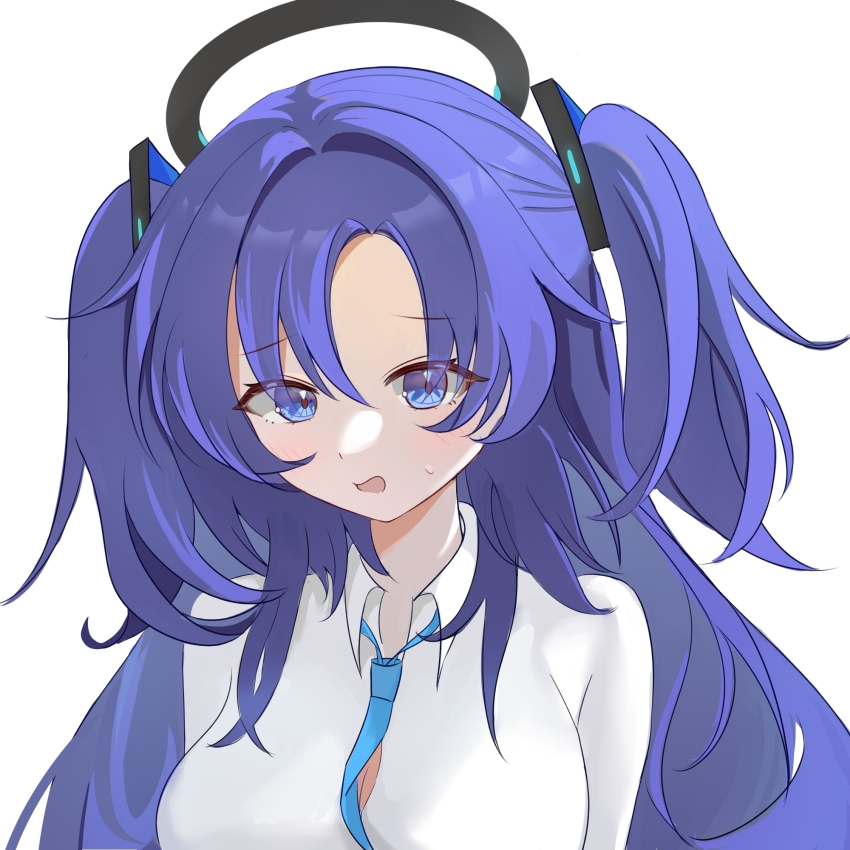 1girl, asymmetrical_bangs, blue_archive, blush, breasts, chokei, cleavage, hair_tie