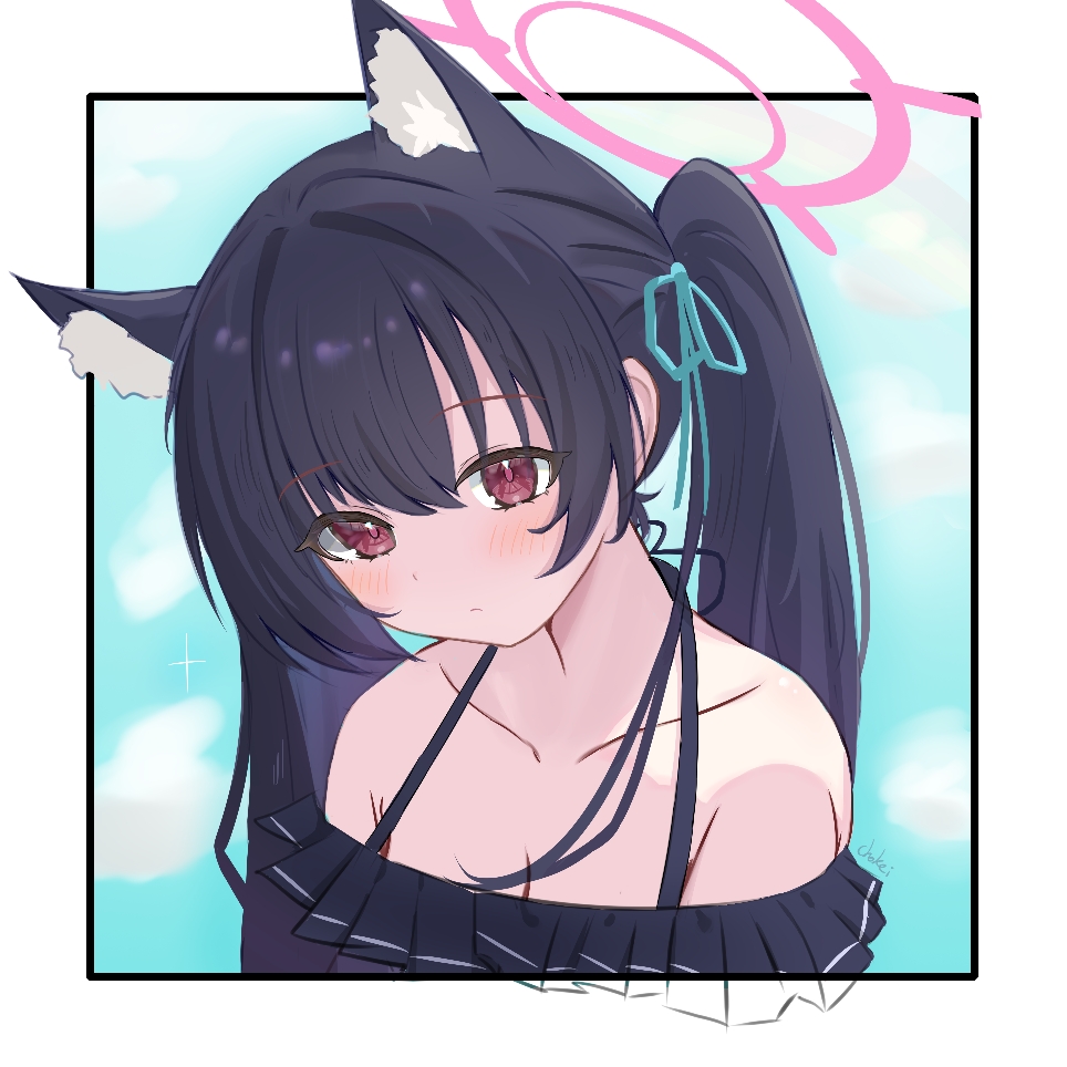 1girl, animal_ear_fluff, animal_ears, bikini, black_hair, blue_archive, blush, breasts