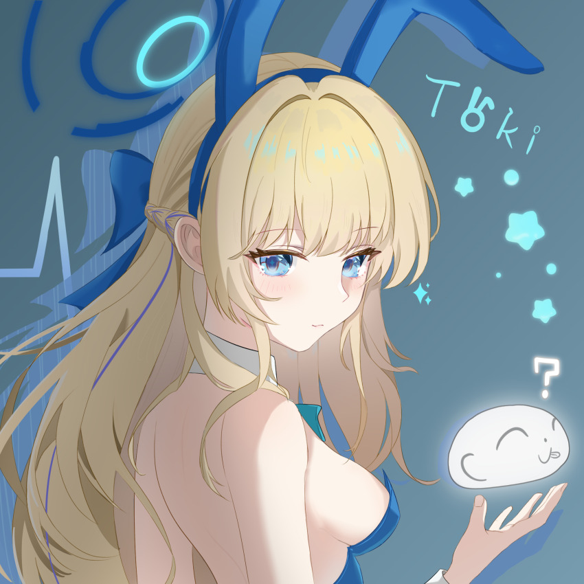 1girl, ?, animal_ear_hairband, animal_ears, back, blonde_hair, blue_archive, blue_background