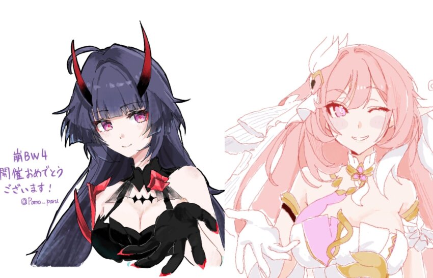 2girls, ;), artist_collaboration, bare_shoulders, black_dress, black_gloves, breasts, cleavage