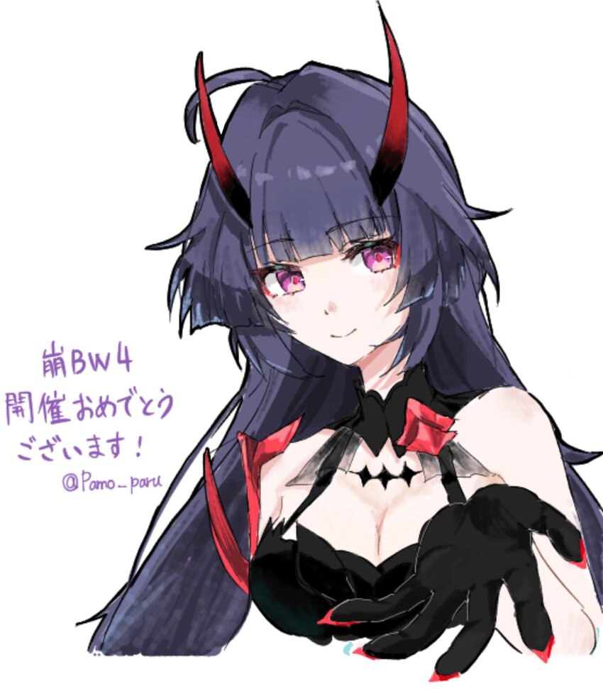 1girl, bare_shoulders, black_dress, black_gloves, breasts, cleavage, commentary_request, dress