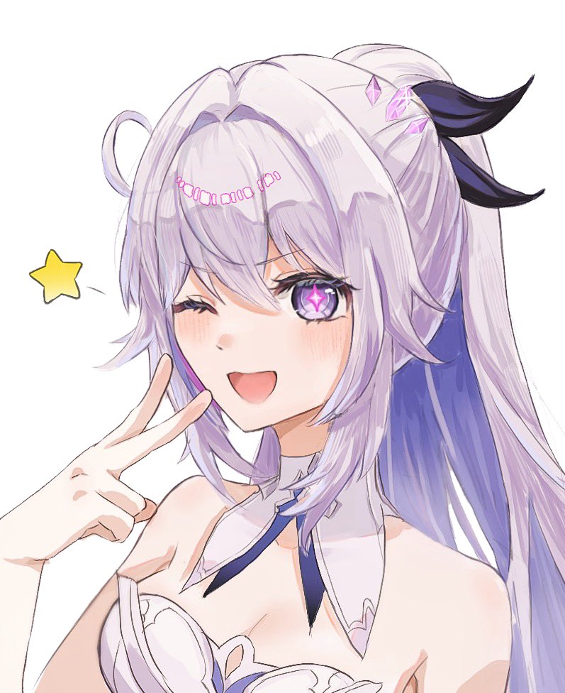 1girl, ;), bare_shoulders, blue_eyes, breasts, cleavage, commentary_request, dress