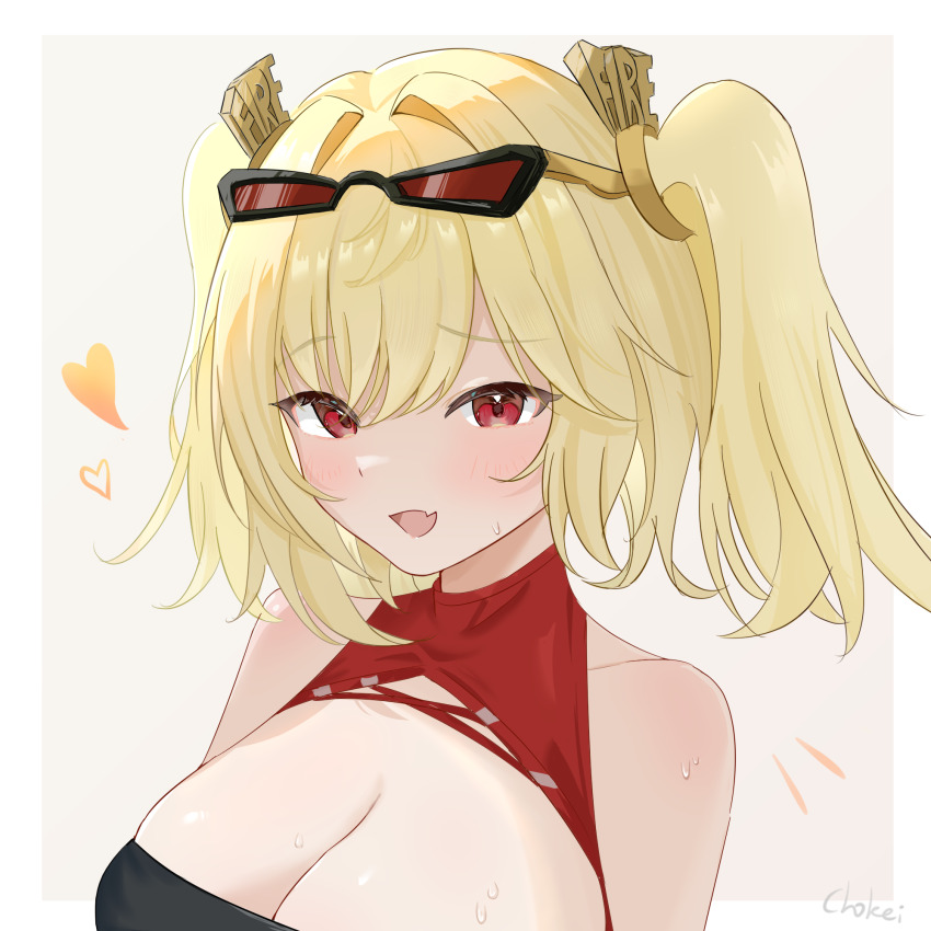 1girl, blonde_hair, blush, breasts, burnice_white, chokei, cleavage, fang, glasses_on_head, hair_between_eyes, highres, huge_breasts, large_breasts, looking_at_viewer, medium_hair, open_mouth, red_eyes, simple_background, skin_fang, smile, solo, sweat, sweatdrop, swept_bangs, twintails, white_background, zenless_zone_zero