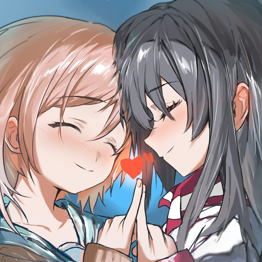 2girls, absurdres, amayo_no_tsuki, ayaunc, black_hair, blue_background, blue_sailor_collar, blush