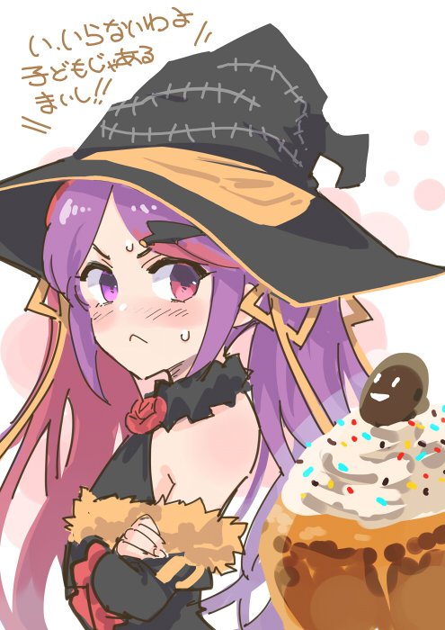 1girl, :<, bare_shoulders, black_hat, blush, closed_mouth, commentary_request, crossed_arms