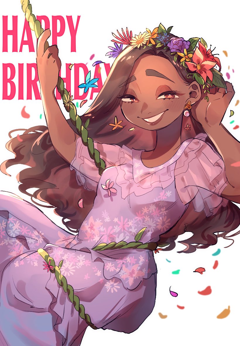 1girl, arepa, brown_eyes, brown_hair, colombian_clothes, commentary_request, dark-skinned_female, dark_skin