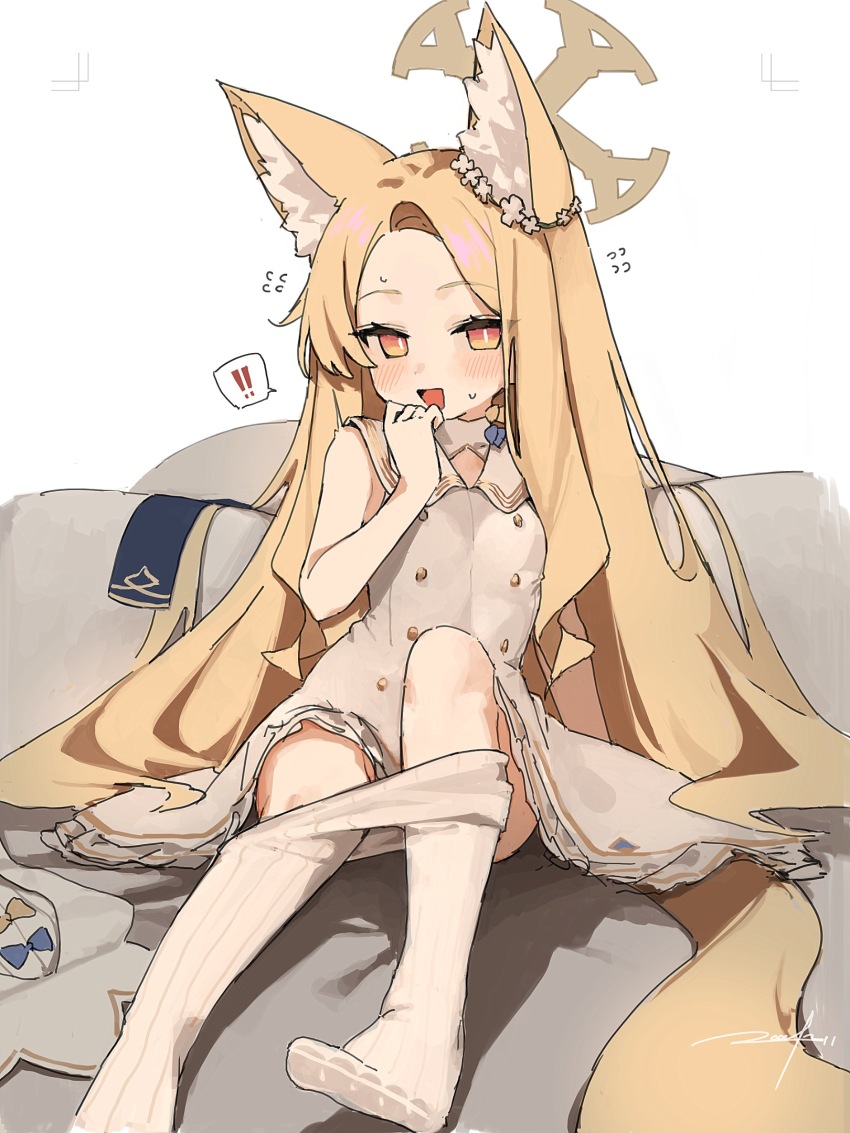 !, !!, 1girl, :d, animal_ear_fluff, animal_ears, blonde_hair, blue_archive