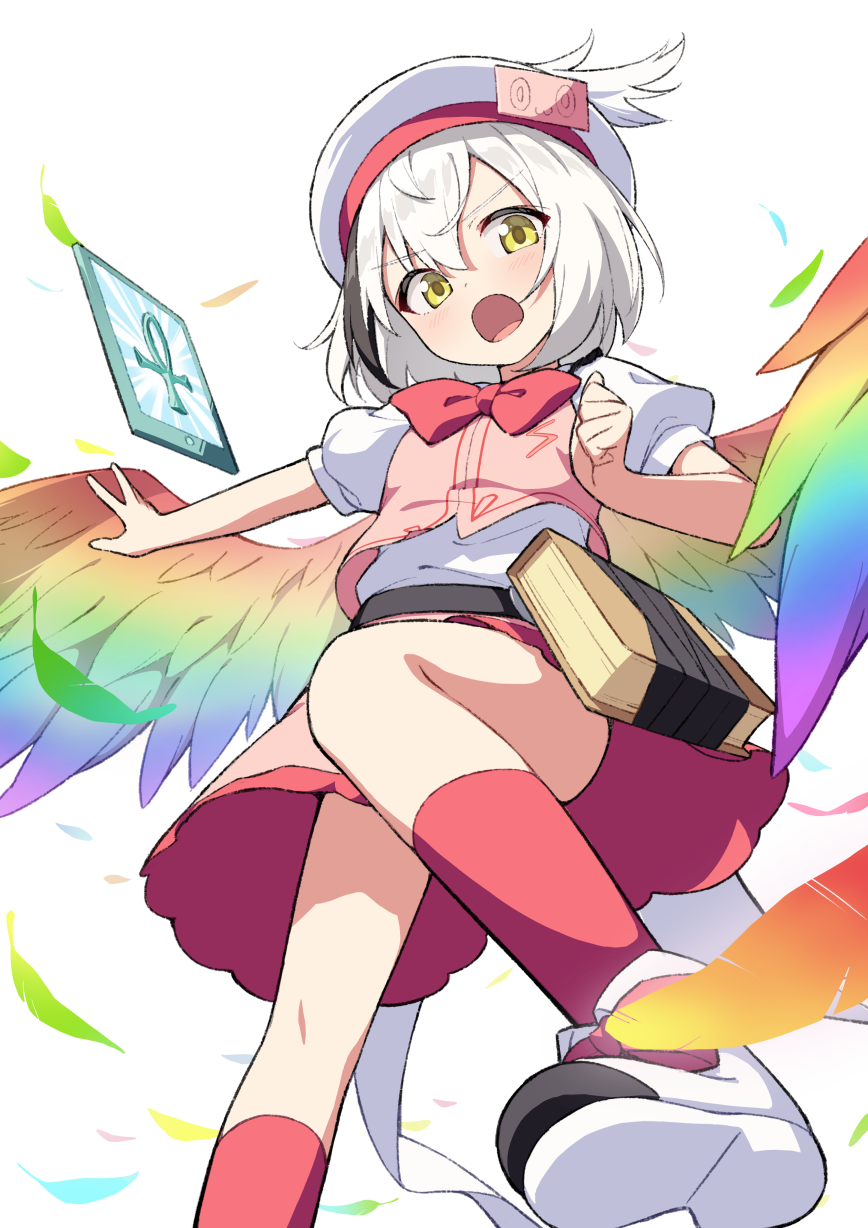 ankh, book, bow, commission, feathers, hat, highres, hiyaya_(kochi_michikaze)