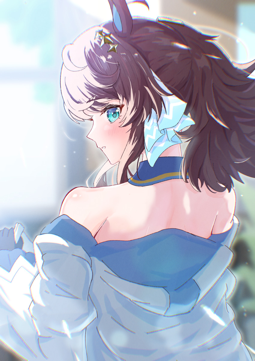 1girl, absurdres, ahoge, animal_ears, backless_outfit, blue_eyes, blurry, blurry_background