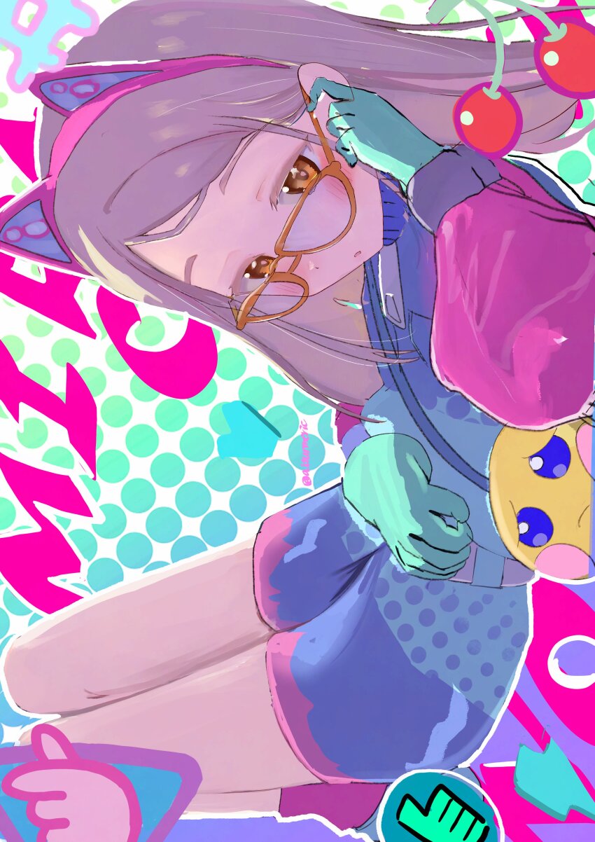 1girl, absurdres, adjusting_eyewear, aiturmeric, animal_ear_hairband, animal_ears, aqua_gloves, bag