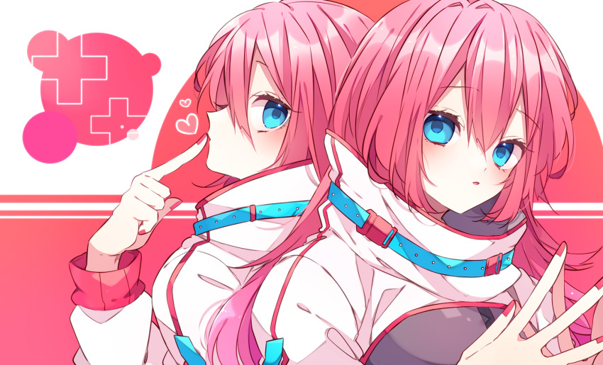 2girls, blue_eyes, blush, commentary_request, double-parted_bangs, dual_persona, hair_between_eyes, jacket