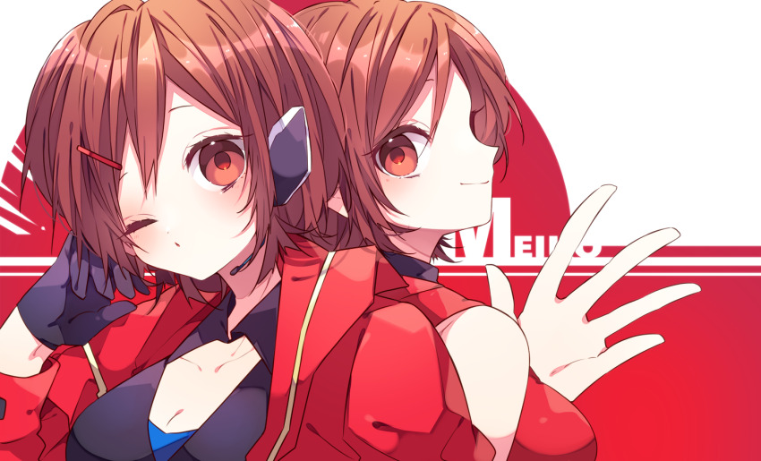 2girls, ;o, bare_shoulders, black_gloves, blush, brown_eyes, brown_hair, character_name