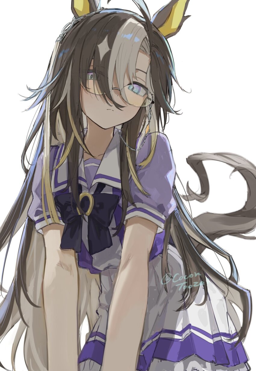 1girl, animal_ears, blue_eyes, brown_hair, closed_mouth, cocontoozai, dream_journey_(umamusume), glasses