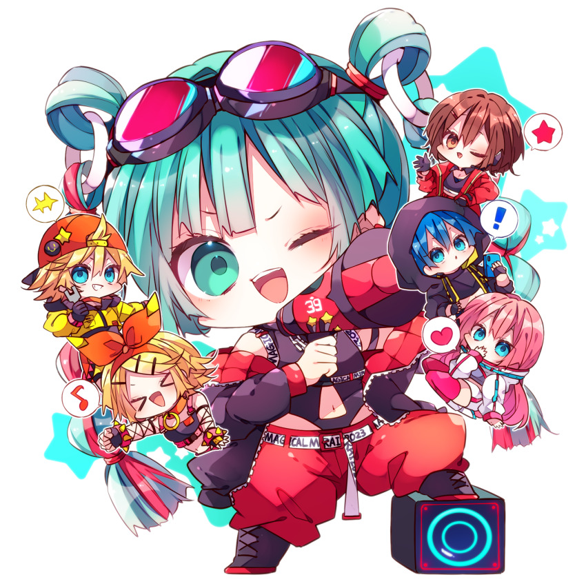 !, >_<, 2boys, 4girls, :d, :o, ;d, bare_shoulders