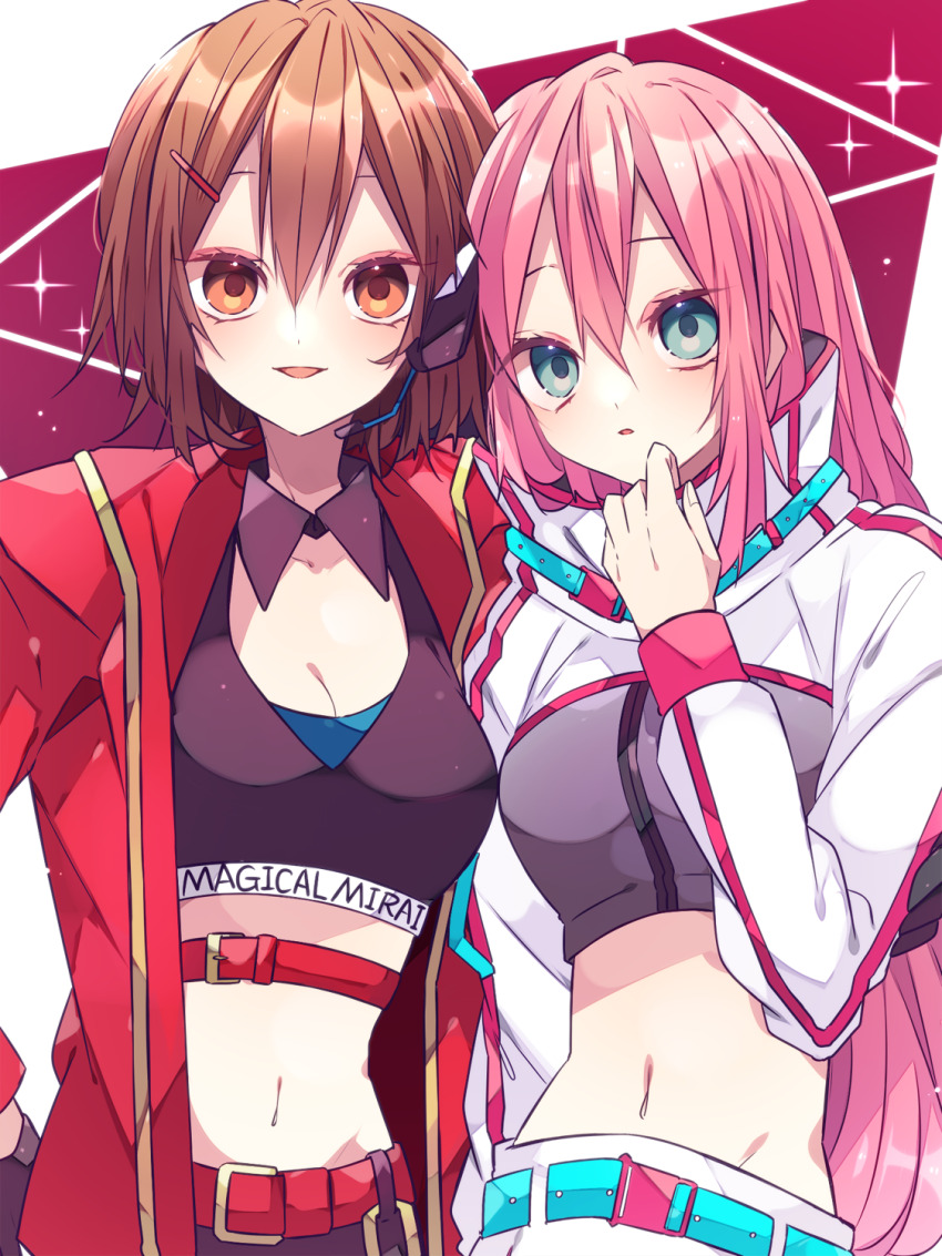 2girls, belt, black_shirt, blue_belt, blue_eyes, breasts, brown_eyes, brown_hair