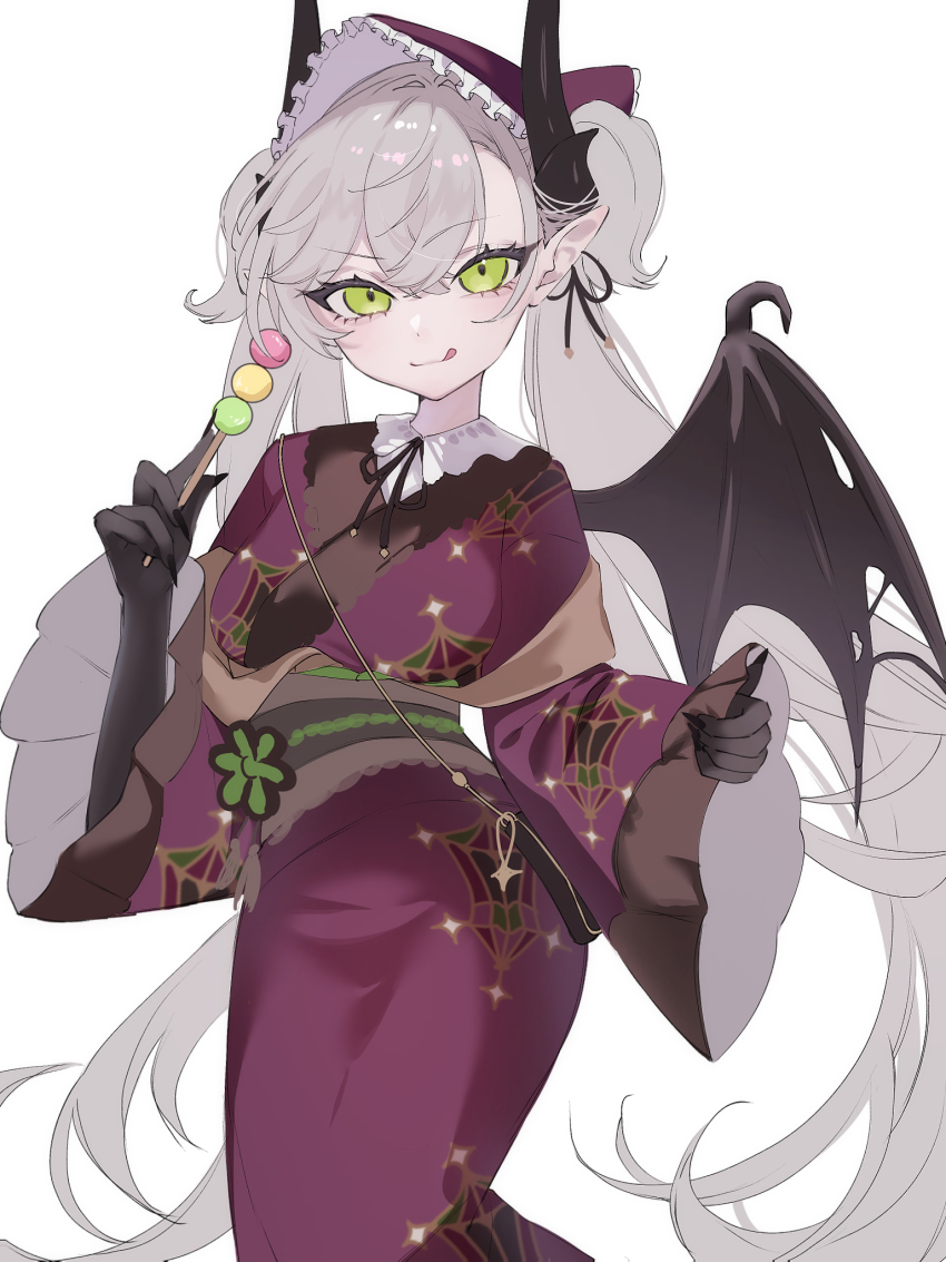 1girl, 590kogure590, black_hands, breasts, colored_extremities, crossed_bangs, dango, demon_girl