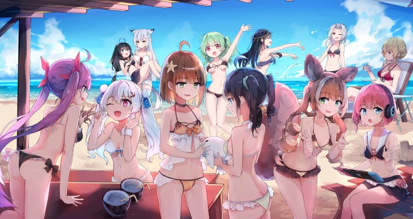 6+girls, :d, ;d, absurdres, ahoge, animal_ear_headphones, animal_ears, arm_up, artist_request, ass, bare_arms, bare_shoulders, beach, beach_umbrella, bikini, black_bikini, black_choker, black_hair, blonde_hair, blue_eyes, blue_hair, blue_sky, bow, braid, breasts, brown_hair, character_request, choker, cleavage, closed_mouth, cloud, collarbone, cup, day, drill_hair, everyone, fake_animal_ears, flower, food, fox_ears, fox_tail, frilled_bikini, frills, front-tie_top, green_eyes, green_hair, grey_hair, hair_bun, hair_flower, hair_ornament, hair_ribbon, hairband, hairclip, halterneck, headphones, highres, holding, huanxiang_koudai_meow, jewelry, katyusha_tyumen, leaning_forward, long_hair, looking_at_another, lucca_project, medium_breasts, medium_hair, multicolored_hair, multiple_girls, navel, ocean, official_art, one_eye_closed, open_mouth, orange_bikini, outdoors, pink_eyes, pink_hair, pointing, ponytail, purple_eyes, purple_hair, red_eyes, ribbon, sand, sasha_krik, short_hair, side-tie_bikini_bottom, side_ponytail, sitting, sky, small_breasts, smile, standing, star_(symbol), star_hair_ornament, starfish, stomach, swimsuit, tail, twintails, umbrella, very_long_hair, virtual_youtuber, water, white_bikini, white_hair, yunyu_luan