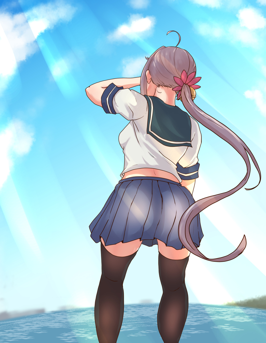 1girl, absurdres, akebono_(kancolle), akebono_kai_ni_(kancolle), ass, bell, black_thighhighs, blue_skirt