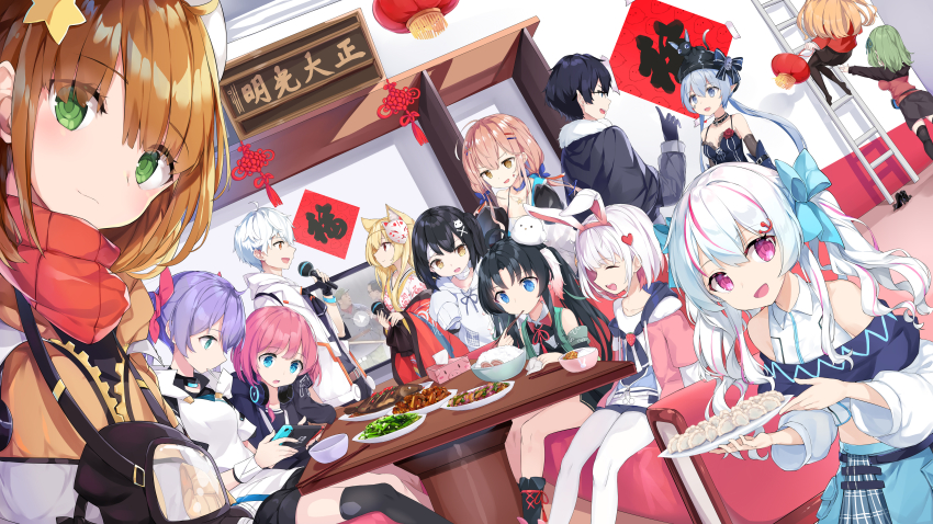 2boys, 6+girls, :d, absurdres, ahoge, animal_ears, artist_request, bare_shoulders, black_gloves, black_hair, black_jacket, black_skirt, blonde_hair, blue_eyes, blue_hair, blue_skirt, blush, boots, bow, bowl, braid, breasts, brown_eyes, brown_hair, character_request, chinese_knot, chopsticks, closed_eyes, closed_mouth, crop_top, cup, detached_sleeves, dress, dumpling, dutch_angle, everyone, food, gloves, good_fortune_symbol, green_eyes, green_hair, grey_hair, hair_between_eyes, hair_bow, hair_ornament, hair_ribbon, hairclip, heart, highres, holding, hood, hood_down, hooded_jacket, hoodie, horns, huanxiang_koudai_meow, indoors, jacket, japanese_clothes, katyusha_tyumen, lantern, long_hair, long_sleeves, looking_at_viewer, lucca_project, medium_breasts, microphone, mihu_zzz, multicolored_hair, multiple_boys, multiple_girls, nintendo_switch, off_shoulder, official_art, on_head, open_clothes, open_jacket, open_mouth, orange_hair, pantyhose, pink_hair, plate, pleated_skirt, puffy_sleeves, purple_eyes, purple_hair, rabbit_ears, red_eyes, red_hair, red_scarf, ribbon, sasha_krik, scarf, shirt, short_hair, shorts, sitting, skirt, sleeves_past_wrists, smile, streaked_hair, sweater, table, thighhighs, twintails, very_long_hair, virtual_youtuber, white_hair, white_hoodie, white_jacket, white_shirt, yellow_eyes, yunyu_luan