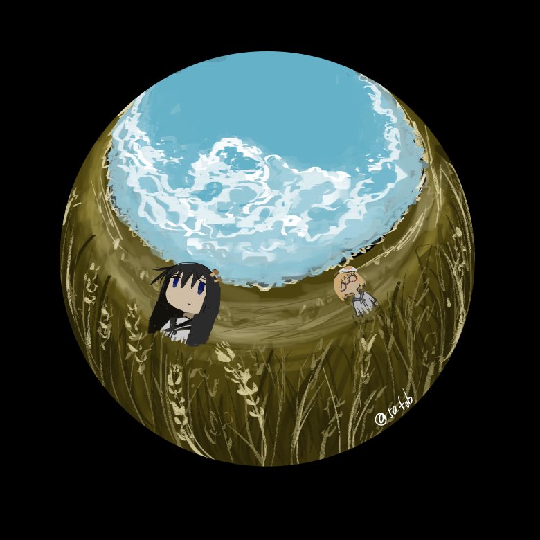 2girls, 5afvb, black_background, black_hair, black_sailor_collar, blonde_hair, blue_eyes, blue_sky