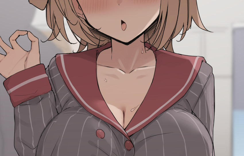 1girl, blush, breasts, brown_hair, buttons, cleavage, close-up, collarbone