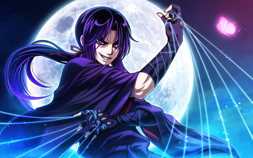 00s, 1boy, basilisk_(manga), black_hair, bug, butterfly, byuune, fingerless_gloves, full_moon, gloves, glowing, grin, japanese_clothes, male_focus, moon, night, ninja, ponytail, purple_hair, smile, solo, string, wide_sleeves, yashamaru