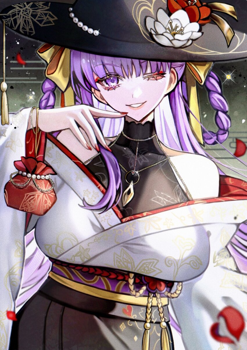 1girl, bare_shoulders, bb_(fate), bb_dubai_(fate), bb_dubai_(kyomaf_2025)_(fate), black_hat, black_skirt, blush, braid, braided_hair_rings, breasts, diandao_qin, fate/grand_order, fate_(series), grin, hair_ribbon, hair_rings, hat, highres, japanese_clothes, jewelry, kimono, large_breasts, long_hair, long_sleeves, looking_at_viewer, necklace, obi, off_shoulder, one_eye_closed, purple_eyes, purple_hair, ribbon, sash, sask, skirt, smile, solo, twin_braids, very_long_hair, white_kimono, wide_sleeves, yellow_ribbon