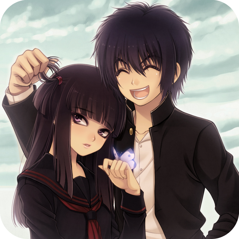 00s, 1boy, 1girl, basilisk_(manga), bug, butterfly, byuune, closed_eyes, contemporary, couple, gakuran, grabbing_another's_hair, hetero, holding_another's_hair, hotarubi, insect, laughing, pink_eyes, school_uniform, serafuku, yashamaru