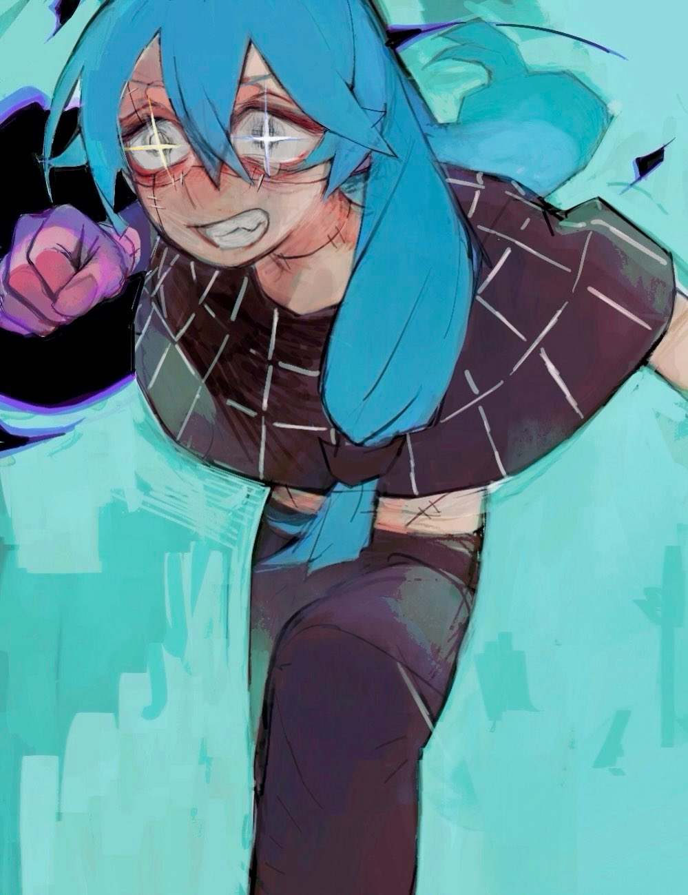 aqua_background, blue_eyes, blue_hair, cowboy_shot, cursed_energy_(jujutsu_kaisen), energy, excited, glowing