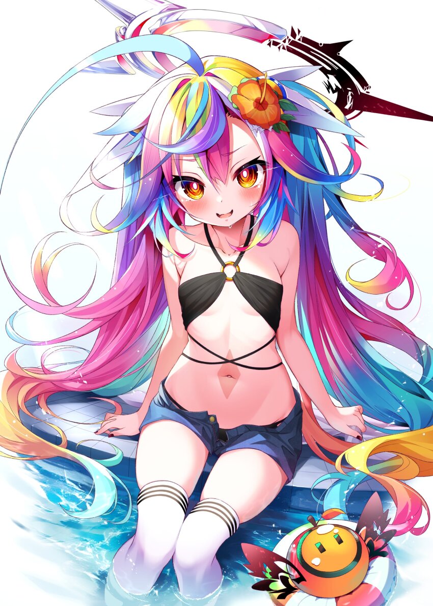 1girl, absurdres, bikini, black_bikini, blue_hair, blue_shorts, blush, breasts