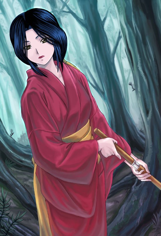 00s, 1girl, akeginu, basilisk_(manga), black_hair, dutch_angle, expressionless, female_focus, forest, iga_ogen, japanese_clothes, kimono, knife, lipstick, makeup, nature, obi, red_kimono, red_lips, sash, solo, tonbidou, tree, yukata
