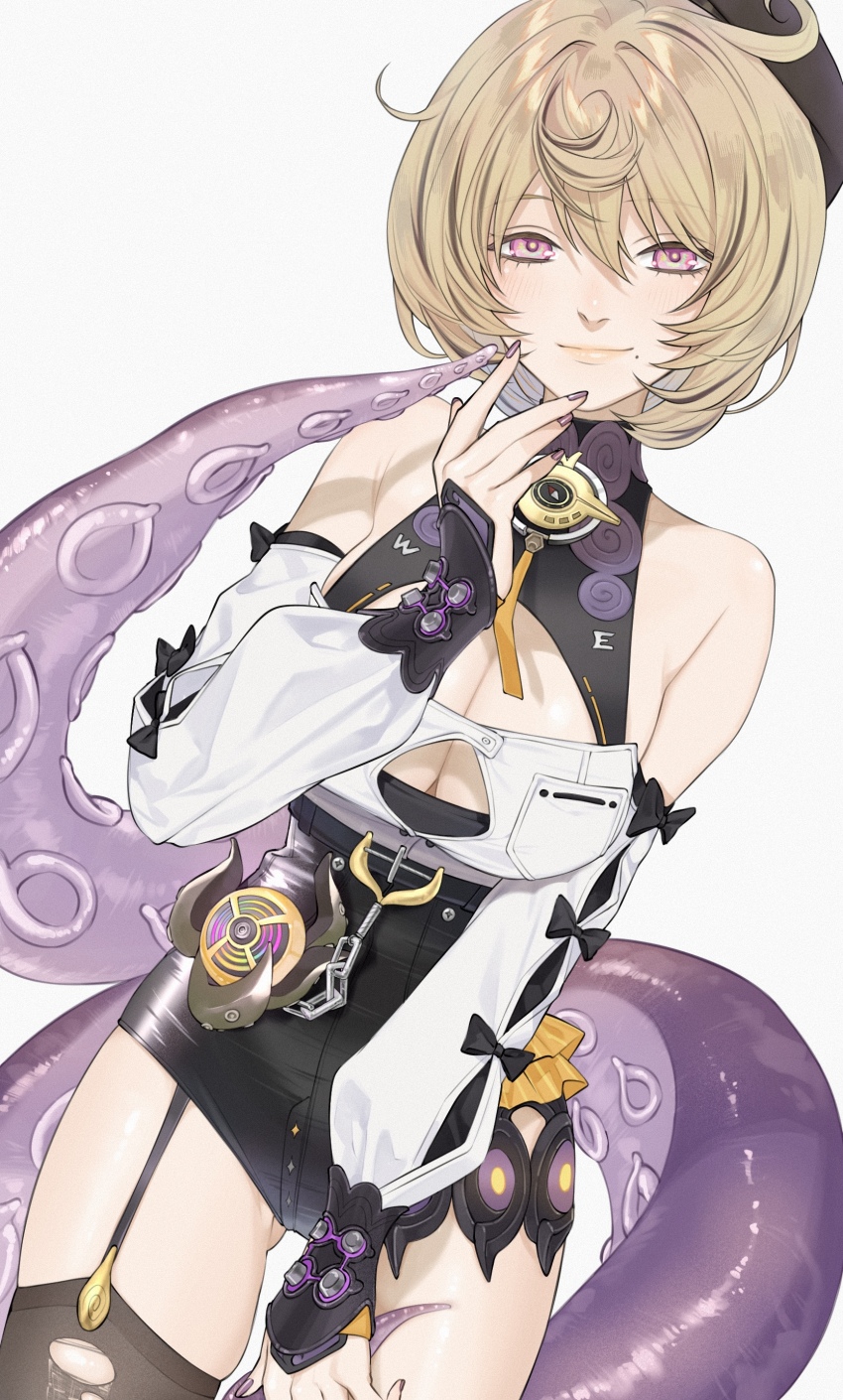 1girl, absurdres, accessories, asymmetrical_shorts, bare_shoulders, black_bow, blonde_hair, blush, bow, breasts, cleavage_cutout, closed_mouth, clothing_cutout, detached_sleeves, hand_on_own_chin, hat, high-waist_shorts, highres, looking_at_viewer, mole, mole_under_mouth, monster_girl, nomeko_jiru, octopus, purple_eyes, purple_nails, scylla, short_hair, shorts, single_thighhigh, socks, tentacle_tail, tentacles, thighhighs, torn_clothes, torn_thighhighs, white_background, yidhari_murphy, zenless_zone_zero