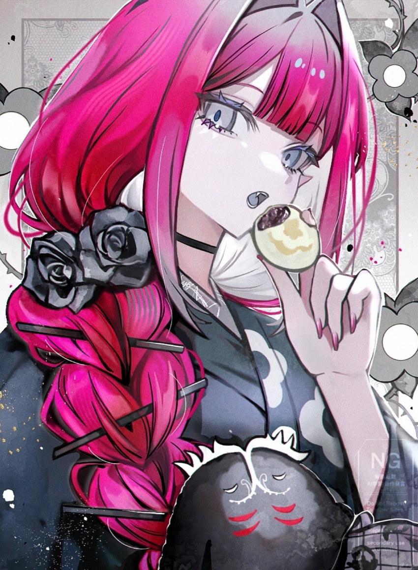 1girl, baobhan_sith_(fate), baobhan_sith_(over_the_same_sky)_(fate), black_kimono, braid, cernunnos_(fate), commentary_request, diandao_qin, eating, fang, fate/grand_order, fate_(series), grey_eyes, hand_up, highres, japanese_clothes, kimono, long_hair, looking_at_viewer, open_mouth, pink_hair, pointy_ears, sidelocks, single_braid, solo, stuffed_toy