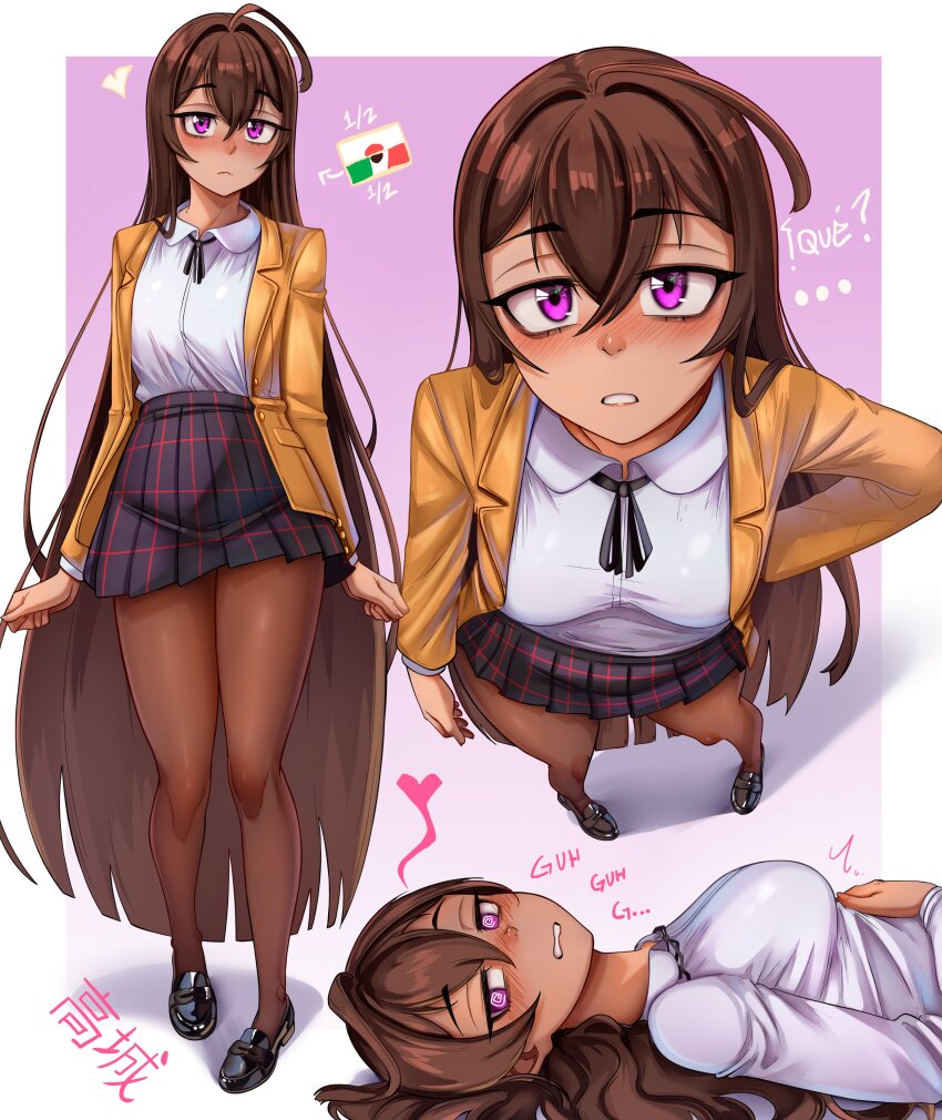 1girl, @_@, absurdres, black_ribbon, black_shoes, black_skirt, blush, border, breasts, brown_hair, brown_pantyhose, closed_mouth, collared_shirt, commentary, crossed_bangs, dilan_griz, double-parted_bangs, english_commentary, erika_(dilan_griz), full_body, hair_between_eyes, heart, highres, jacket, long_hair, long_sleeves, looking_at_viewer, medium_breasts, multiple_views, neck_ribbon, original, outside_border, pantyhose, parted_lips, purple_background, purple_eyes, ribbon, shirt, shoes, skirt, very_long_hair, white_border, white_shirt, yellow_jacket