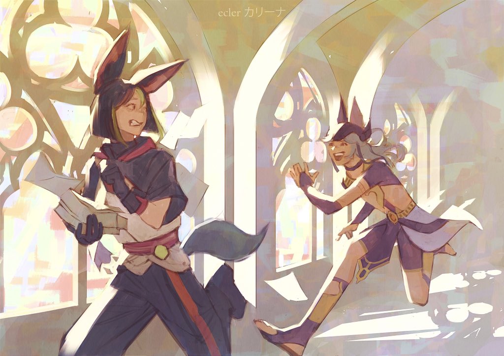 2girls, :d, animal_ear_request, animal_ears, arched_window, belt, black_gloves, black_hair