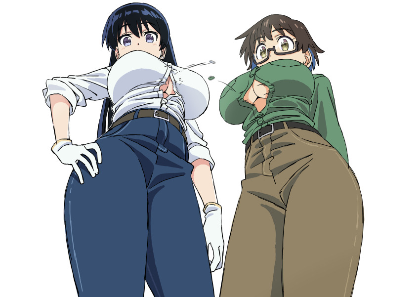2girls, absurdres, arato_nagi, belt, black-framed_eyewear, black_belt, black_hair, blue_eyes
