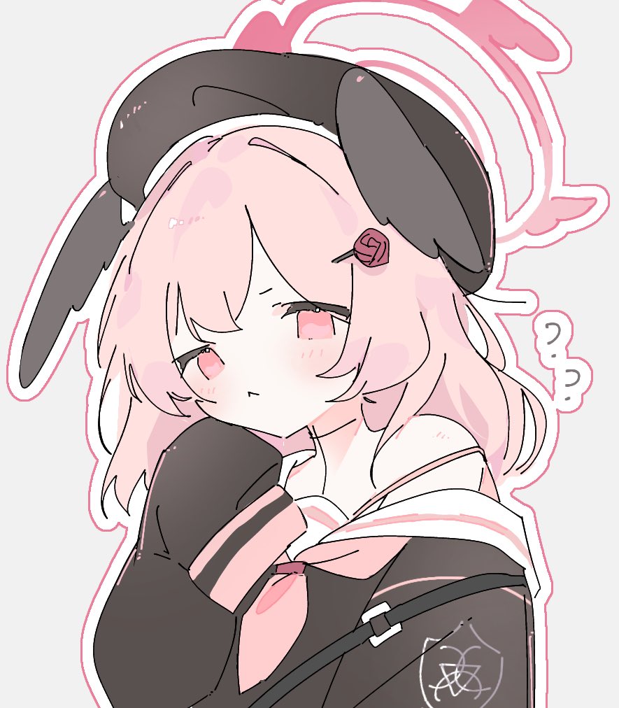 1girl, :<, ?, beret, black_hat, black_serafuku, black_shirt, black_wings