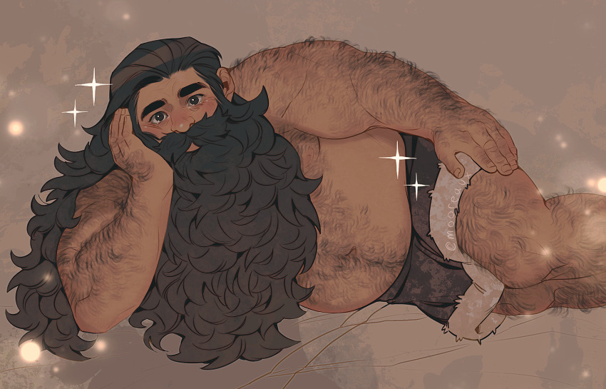 1boy, back_hair, bara, beard, belly, brown_hair, come_hither, derivative_work, dungeon_meshi, facial_hair, fat, fat_man, full_beard, hairy, hand_hair, long_beard, long_hair, looking_at_viewer, lying, male_focus, mature_male, mooreaux, mustache, navel, navel_hair, on_side, screenshot_redraw, senshi_(dungeon_meshi), solo, sparkle, stomach, thick_arm_hair, thick_beard, thick_eyebrows, thick_leg_hair, thick_mustache, thick_navel_hair, topless_male, very_hairy, very_long_beard, wavy_hair
