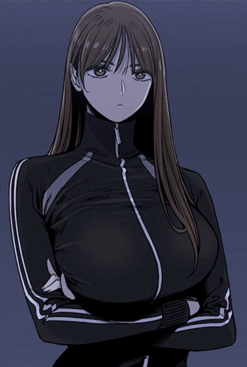 1girl, arms_under_breasts, beautiful_gunbari, black_track_suit, brown_eyes, brown_hair, expressionless, jung_su-a