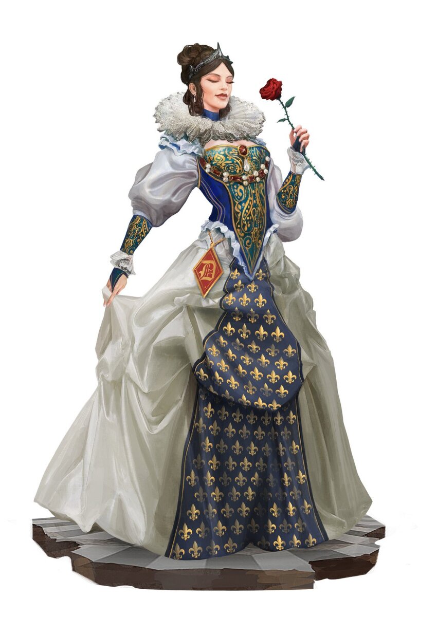 1girl, alexandre_chaudret, breasts, closed_eyes, closed_mouth, collar, dress, fleur-de-lis, flower, frilled_collar, frilled_dress, frills, full_body, gold_trim, highres, holding, holding_flower, original, platform, queen, red_flower, red_rose, rose, simple_background, small_breasts, thorns, tiara, white_background